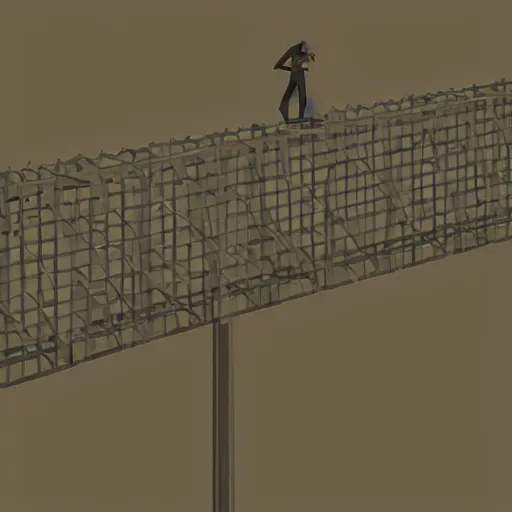 Image similar to a high wire fence looming over a man, low poly, dystopian art, 2 d game art