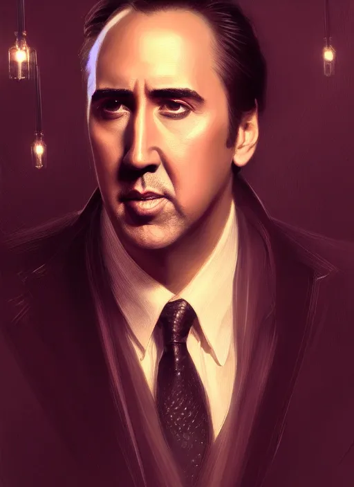 Image similar to portrait of nicholas cage, intricate, elegant, glowing lights, highly detailed, digital painting, artstation, glamor pose, concept art, smooth, sharp focus, illustration, art by artgerm and greg rutkowski, artey freytag