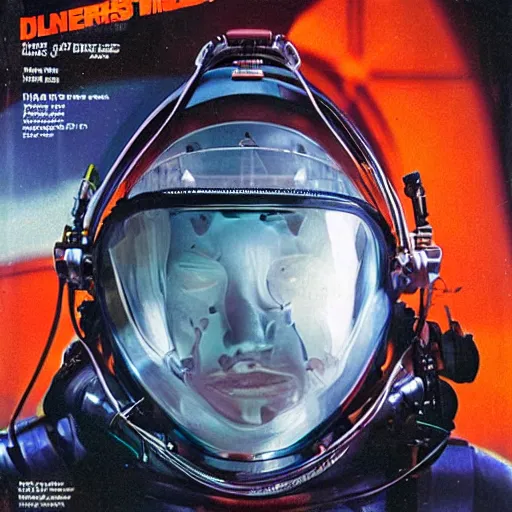 Image similar to beautiful extreme closeup portrait photo in style of frontiers in human deep diving helmet science fashion magazine September retrofuturism edition, highly detailed, soft lighting