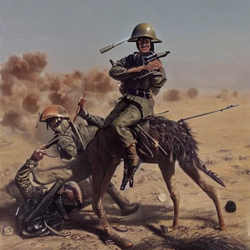 Prompt: battle photo, world war, ostrich wearing an helmet and armed with rifles, realistic, dust and scratches