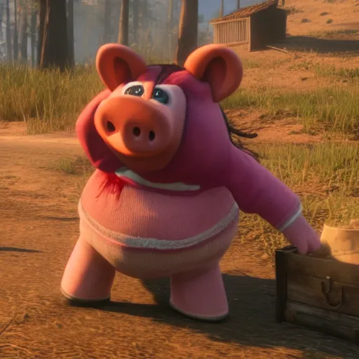 Prompt: Film still of Ms. Piggy in Red Dead Redemption 2 (2018 video game)