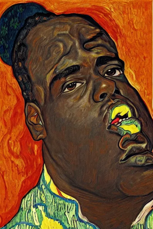 Prompt: a portrait of notorious b. i. g. in style of egon schiele, gustav klimt and vincent van gogh, masterpiece, hyperdetailed, complex, intricate, 4 k, trending on artstation