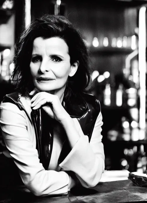 Image similar to head to shoulder portrait Juliette Binoche wearing black latex coat in a bar. In the syle of a film noir movie.