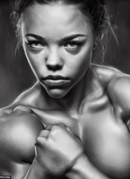 Image similar to epic close - up portrait of sydney sweeney as bodybuilder just after winning boxing match, stanley artgerm, wojtek fus