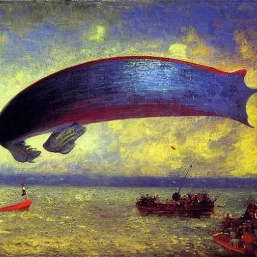 Prompt: huge zepplin in the shape of a fish, from below, brightly coloured oil on canvas, by ilya repin