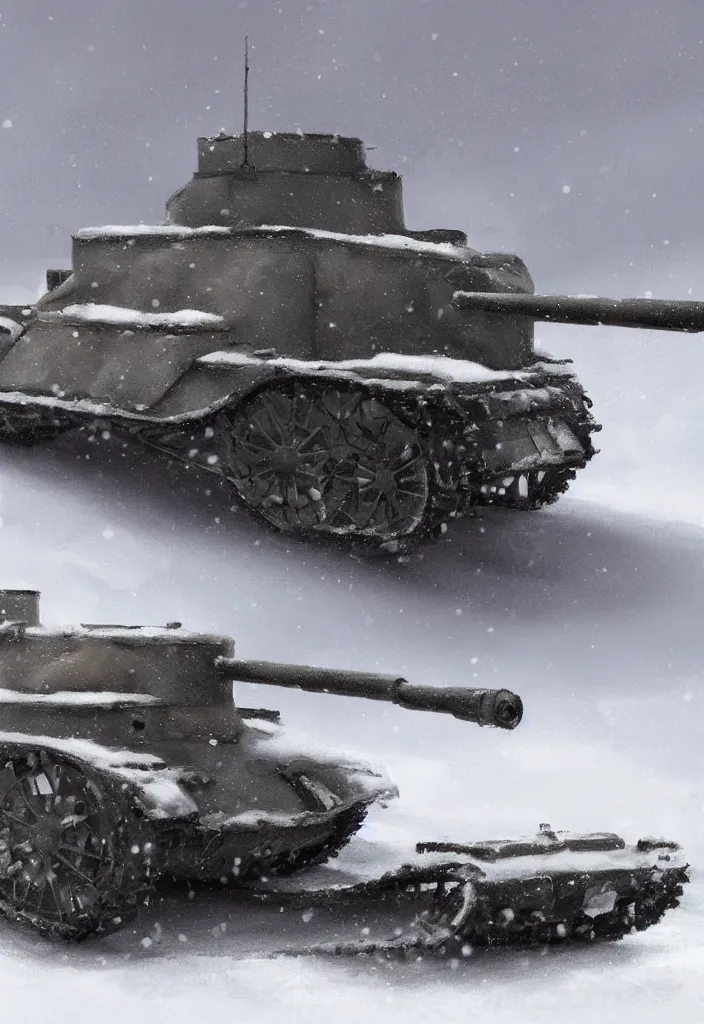 Image similar to Digital Art of a 1914 Tank in the snow, trending on artstation