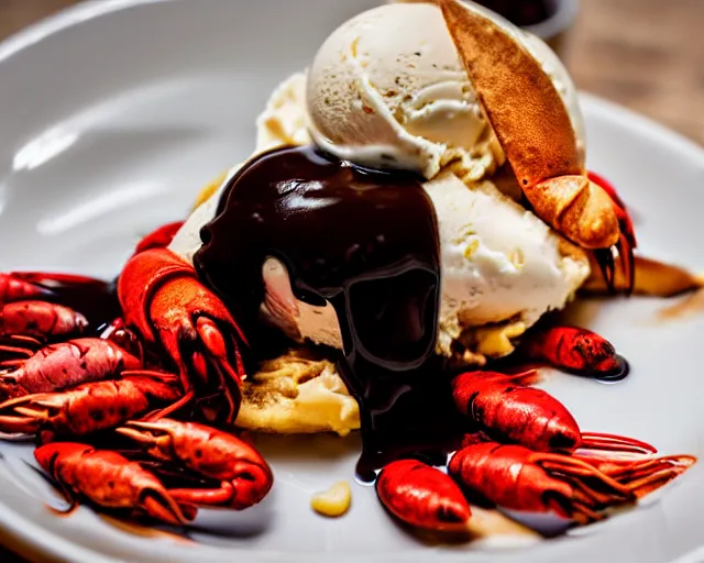 Image similar to dslr food photograph of vanilla ice cream with crawfish, some chocolate sauce, 8 5 mm f 1. 4