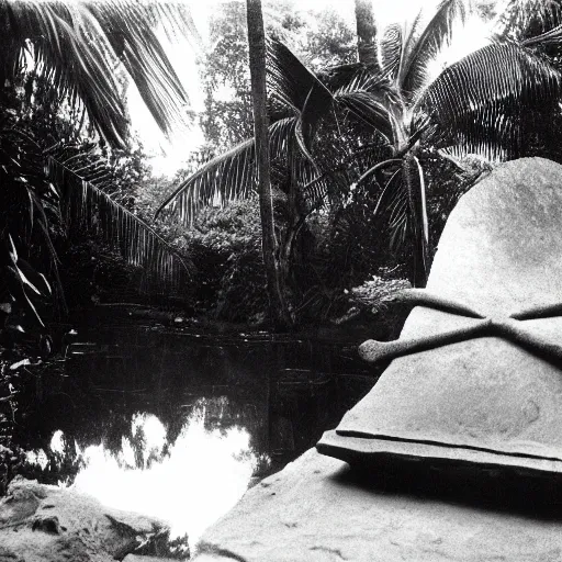 Image similar to lost film footage of a sacred artifact in the middle of the ( ( ( ( ( ( ( ( ( tropical jungle ) ) ) ) ) ) ) ) ) / ethnographic object / sacred / film still / cinematic / enhanced / 1 9 0 0 s / black and white / grain