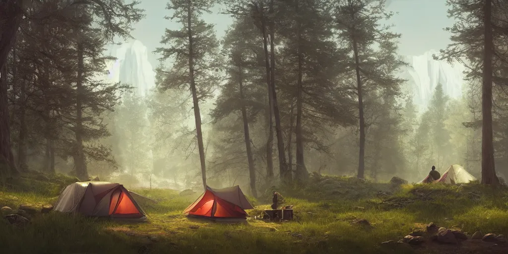 Image similar to looking out a window to see two women camping, elegant scene, low angle, wide angle, indian forest, wide angle, cinematic, ultrarealistic, trending on artstation, cgsociety, highly detailed, color graded, rendered in unreal engine 4 k hq, matte painting, by simon stalenhag and hudson river school, horizon forbidden west
