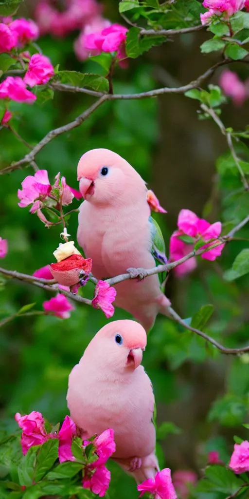 Image similar to a cute pink and white rosy - faced lovebird eating an ice cream in a flower garden. cell phone photograph