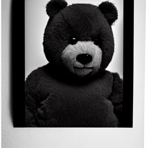 Image similar to a ( chiaroscuro lighting portrait ) of kanye west dressed as teddy bear mascot, black background, portrait by julia margaret cameron, shallow depth of field, 8 0 mm, f 1. 8