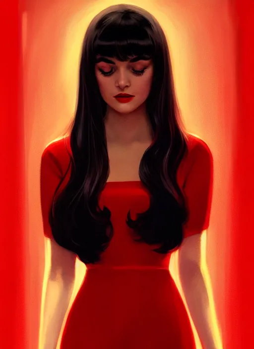 Image similar to portrait of veronica lodge with bangs, 1 9 6 0 s, long hair, red clothes, bangs, intricate, elegant, glowing lights, highly detailed, digital painting, artstation, concept art, smooth, sharp focus, illustration, art by wlop, mars ravelo and greg rutkowski