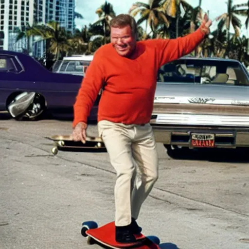 Prompt: william shatner with no limbs on a skateboard in miami