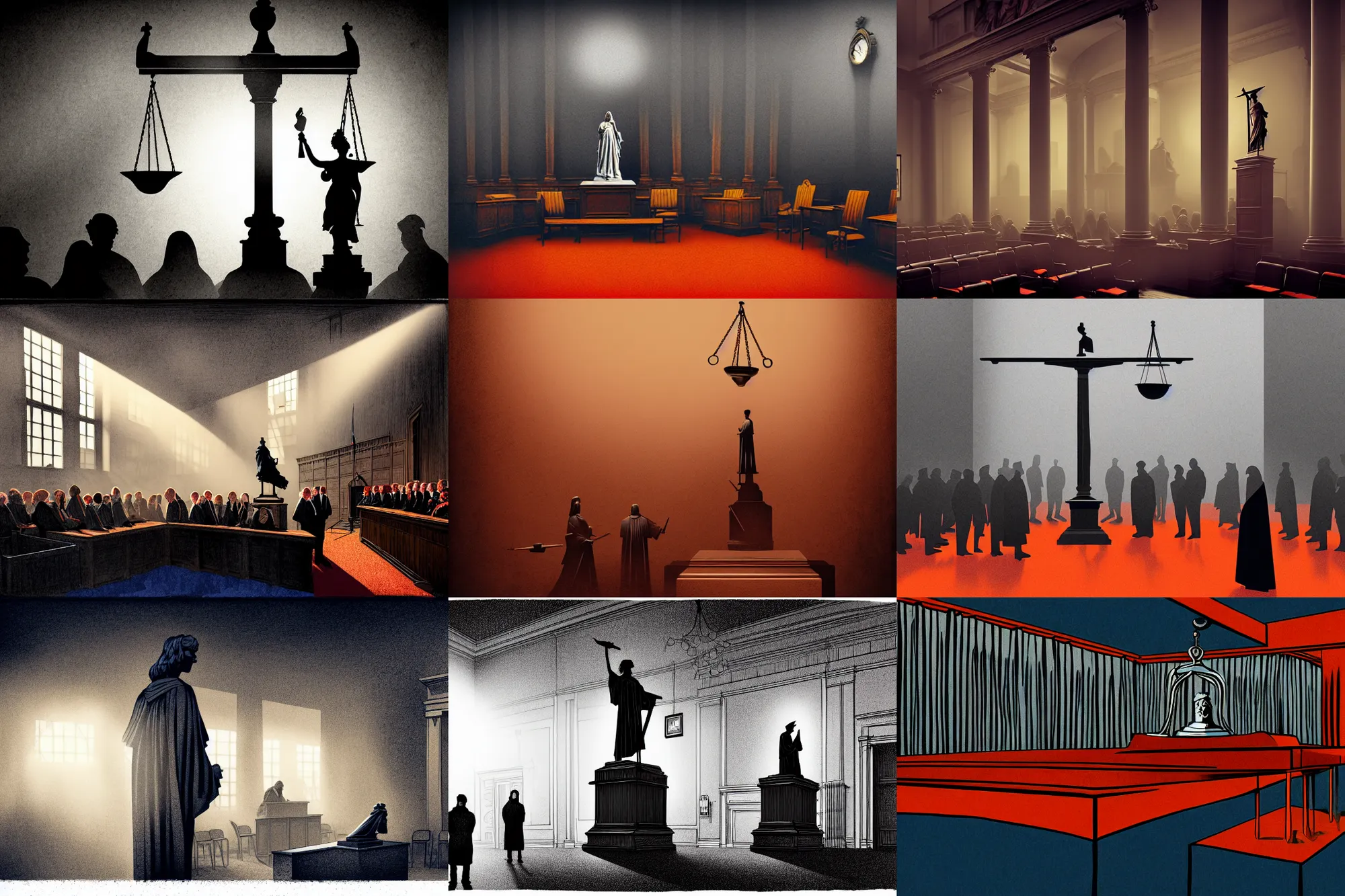 Prompt: editorial illustration by mads berg and karolis strautniekas an, illustrated ( ( lady justice statue ) ) in a busy court room interior, many people, low fog, fine texture, detailed, hdr, dramatic lighting, dynamic composition, vivid, matte print, wide angle, ( ( sunbeams ) ), moody, orange and blue tones