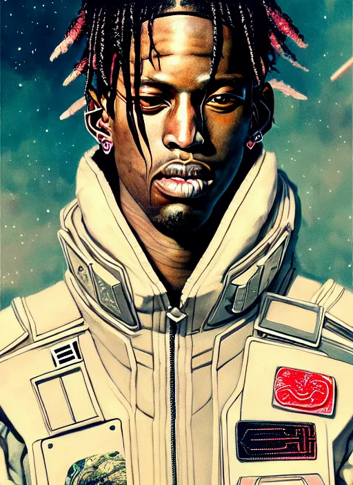 Image similar to a beautiful ukiyo painting of travis scott as a timepunk battle space pilot, wearing space techwear, detailed close up portrait, intricate complexity, concept art, by takato yamamoto, wlop, krenz cushart. cinematic dramatic atmosphere, sharp focus, digital full likeness art. center frame