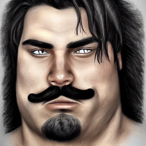 Image similar to face portrait a big beefy man with a large face, thick dark hair, a bushy black moustache, with hardly any neck and mean little eyes, highly detailed, digital art, sharp focus, trending on art station, charcoal drawing