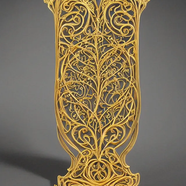 Image similar to a 3 d golden art nouveau carved sculpture of a delicate tracery pattern, intricate and highly detailed, well - lit, ornate, realistic, polished with gold leaf