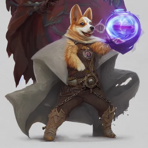 Prompt: corgi d & d character, spellcaster, magical, arcane, fantasy, extremely detailed digital illustration, greg rutkowski, trending on artstation