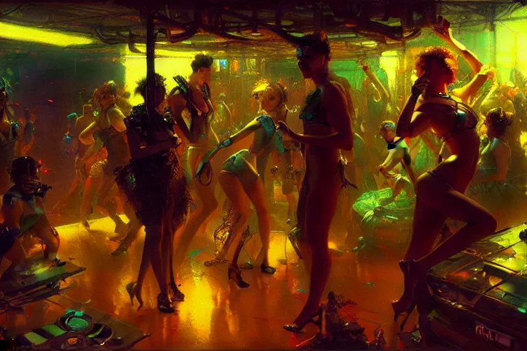 Image similar to futuristic techno party, summer, neon light, painting by gaston bussiere, craig mullins, j. c. leyendecker