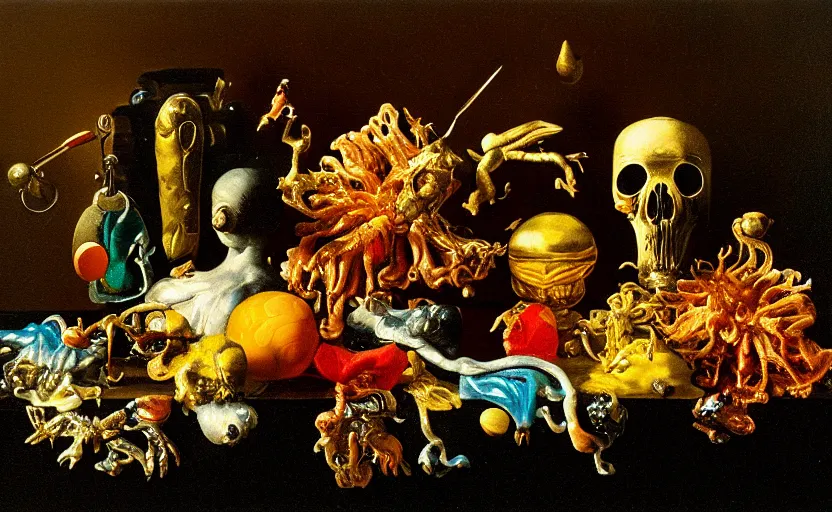 Image similar to disturbing colorful oil painting dutch golden age vanitas still life with bizarre objects strange gooey surfaces shiny metal bizarre insects rubber silk rachel ruysch dali todd schorr very detailed perfect composition rule of thirds masterpiece chiaroscuro canon 5 0 mm, cinematic lighting, photography, retro, film, kodachrome