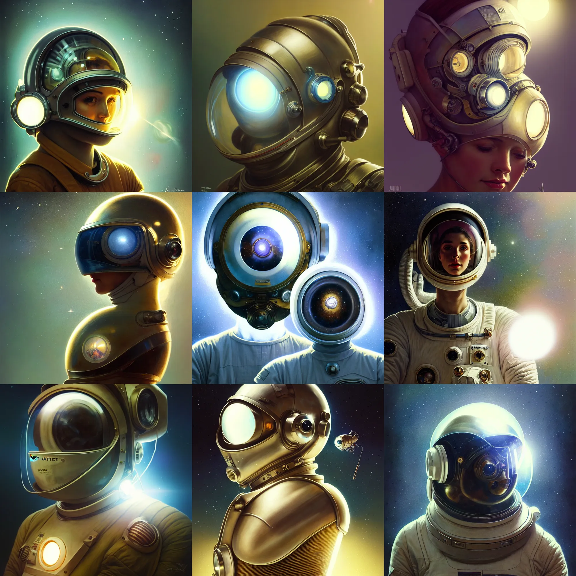 Prompt: ultra realistic retro futuristic astronaut helmet, lens flare, diffuse lighting, fantasy, intricate, elegant, highly detailed, lifelike, photorealistic, digital painting, artstation, illustration, concept art, smooth, sharp focus, art by john collier and albert aublet and krenz cushart and artem demura and alphonse mucha