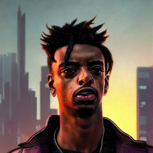 Image similar to cyberpunk, closeup portrait of a playboi carti, dramatic light, city background, sunset, dystopian setting, high contrast, sharp, neuromancer, henry dorsett case, painted by stanley lau, painted by greg rutkowski, painted by stanley artgerm, digital art, trending on artstation