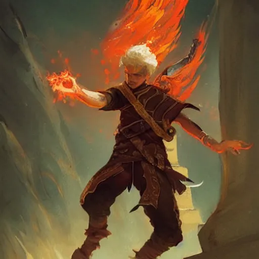 Image similar to beautiful painting of a very short and small male halfing bard from pathfinder, casting fireball, painted by greg rutkowski