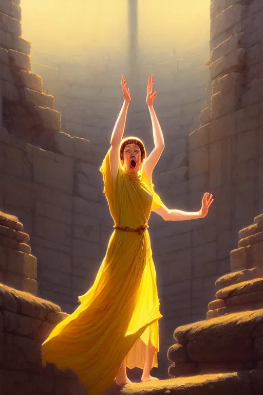 Image similar to high detail portrait, screaming woman wearing ancient greek yellow paper tunic, hands in air, stephen bliss, fantasy art by greg rutkowski, rhads, ferdinand knab, makoto shinkai and lois van baarle, ilya kuvshinov, rossdraws, tom bagshaw, global illumination, radiant light, ancient greek temple ruins, red and blue color theme