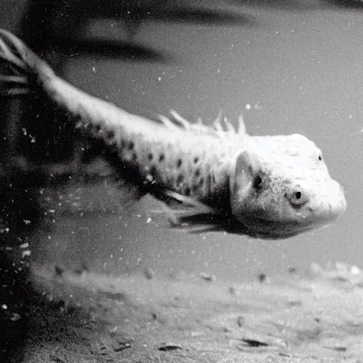 Image similar to giant mutant axolotl escaping from a secret government lab, black and white, leaked cctv footage