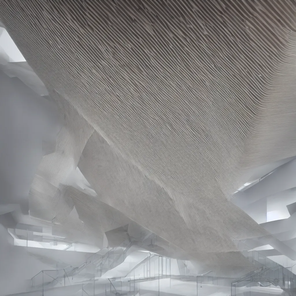 Image similar to a stair tower of light made out of wood, volumetric light, mist, designed by zaha hadid, concept art