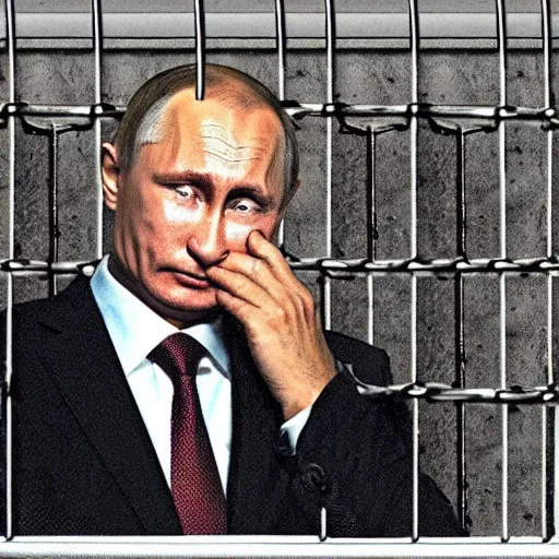 Image similar to Vladimir Putin crying behind bars, ugly, smooggy, dark, filthy, rat, garbage, worms