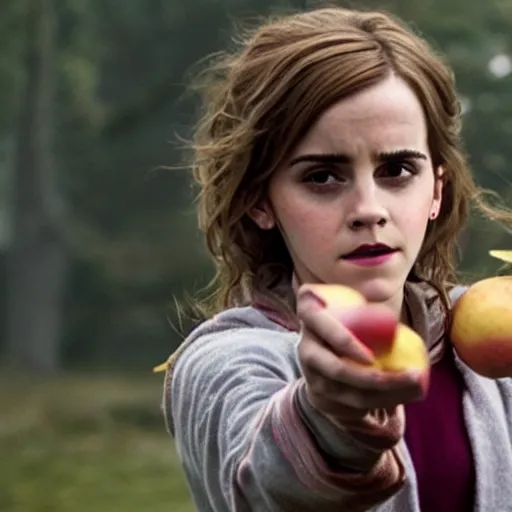 Prompt: Still of Emma Watson as Hermione Granger juggling three apples. Prisoner of Azkaban. During golden hour. Extremely detailed. Beautiful. 4K. Award winning.