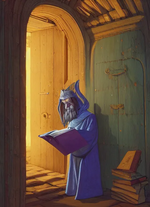 Prompt: an old wizard in robes holding a book standing in front of an elaborate ancient wooden door, beautiful colourful fantasy rendering, William Stout, Simon Stälenhag, ilm, beeple, N.C. Wyeth