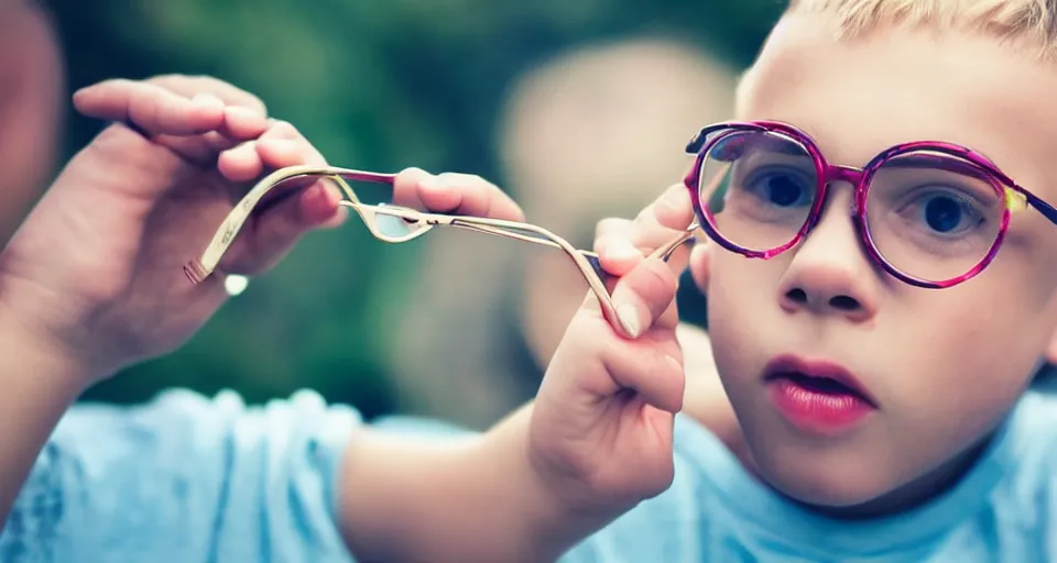 Prompt: eyeglasses of boy reflecting wonderful summer memories, very detailed