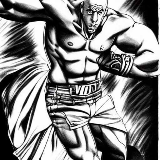 Image similar to Black and white drawing of Vin Diesel walking like a Italian model in JoJo\'s Bizzare Adventure style, highly detailed, sharp focus, 1990 manga panel, anime, ArtStation, art by Hirohiko Araki