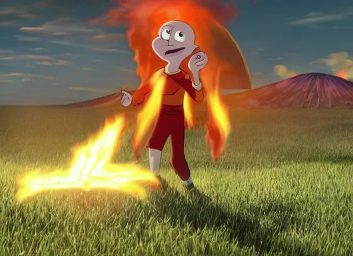 Prompt: squidward practicing firebending in an open field at susnset, screenshot from animated tv show'avatar : the last airbender'