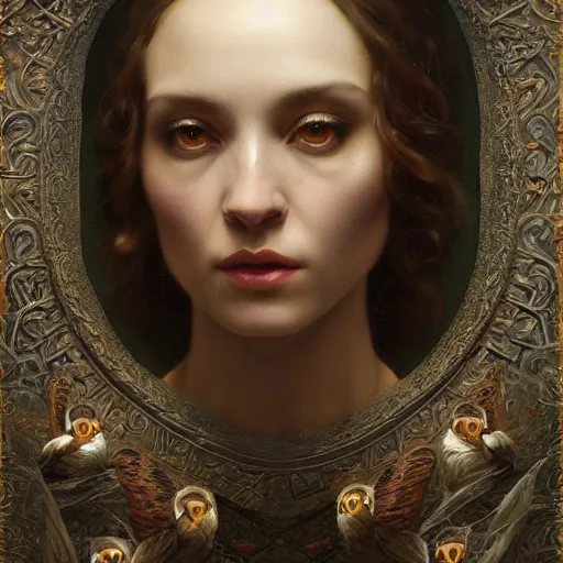 Prompt: highly detailed oil painting | very intricate | cinematic lighting | award - winning | wall mosaic of owls of nightmare relief | by roberto ferri, by tom bagshaw, by j. c. leyendecker and klimt, american romanticism, by austin osman spare, artstation, cgsociety, official art, octane