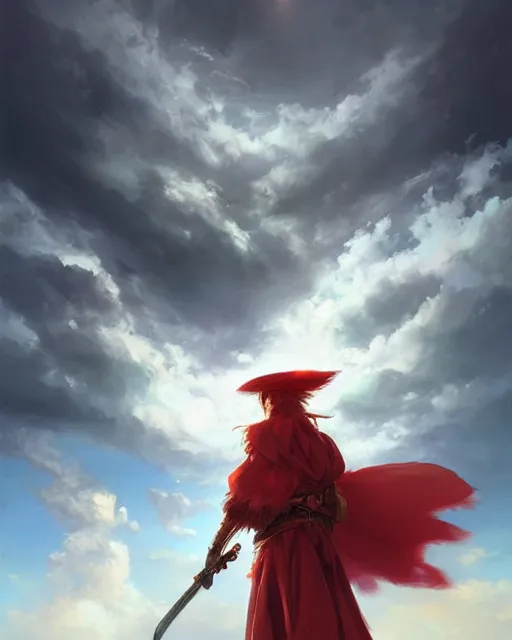 Image similar to A Full View of a Red Mage wearing magical shining armor and a feathered hat surrounded by an epic cloudscape. Magus. Red Wizard. Magimaster. Fantasy Illustration. masterpiece. 4k digital illustration. by Ruan Jia and Mandy Jurgens and Artgerm and greg rutkowski and Alexander Tsaruk and WLOP and Range Murata, award winning, Artstation, art nouveau aesthetic, Alphonse Mucha background, intricate details, realistic, panoramic view, Hyperdetailed, 8k resolution, intricate art nouveau
