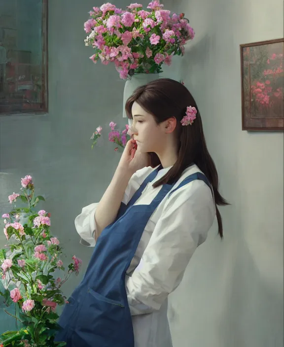 Image similar to an ultradetailed beautiful portrait painting of a girl as a floral shop keeper, side view, oil painting, high resolution, by ilya kuvshinov, greg rutkowski and makoto shinkai