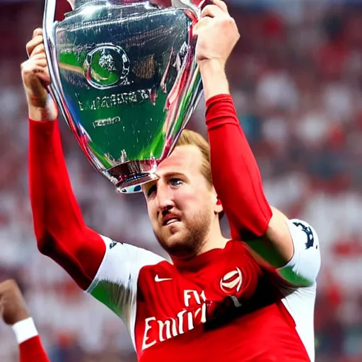 Prompt: harry kane lifting the uefa champions league as an arsenal player, photorealistic, sports photo, dramatic, sharp focus, extreme detail, night n - 9