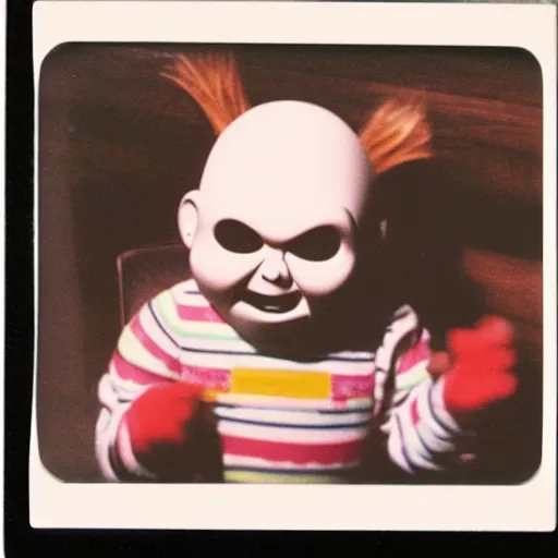 Image similar to old polaroid photo of first contact with the screaming chucky doll