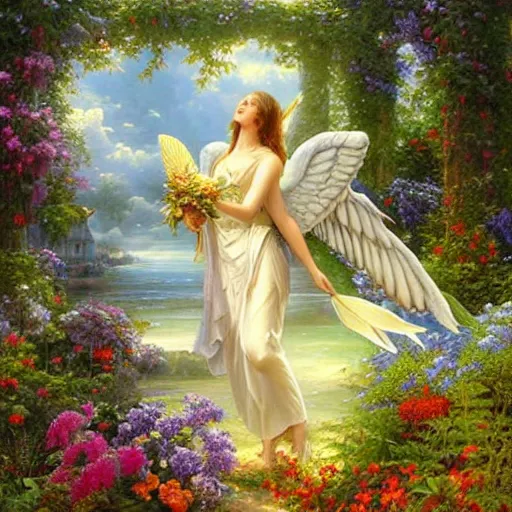 Image similar to a majestic male angel with large wings covered in plants and flowers standing in front of a beautiful cottage, an oil painting by ross tran and thomas kincade