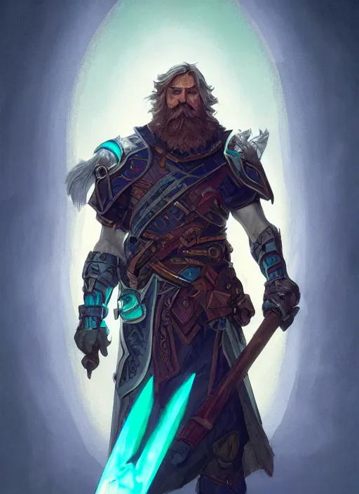 Prompt: Middle-aged paladin with a glowing teal halberd, Glowing white eyes, shaggy hair, sad, scruffy beard, dungeons and dragons portrait, highly detailed, digital painting, artstation, concept art, sharp focus, illustration, art by artgerm and greg rutkowski and alphonse mucha, Unreal Engine, 8k, HD