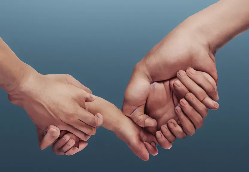 Prompt: two hands holding hands, ultra realistic, volumetric lighting, advertising photography, 8K UHD