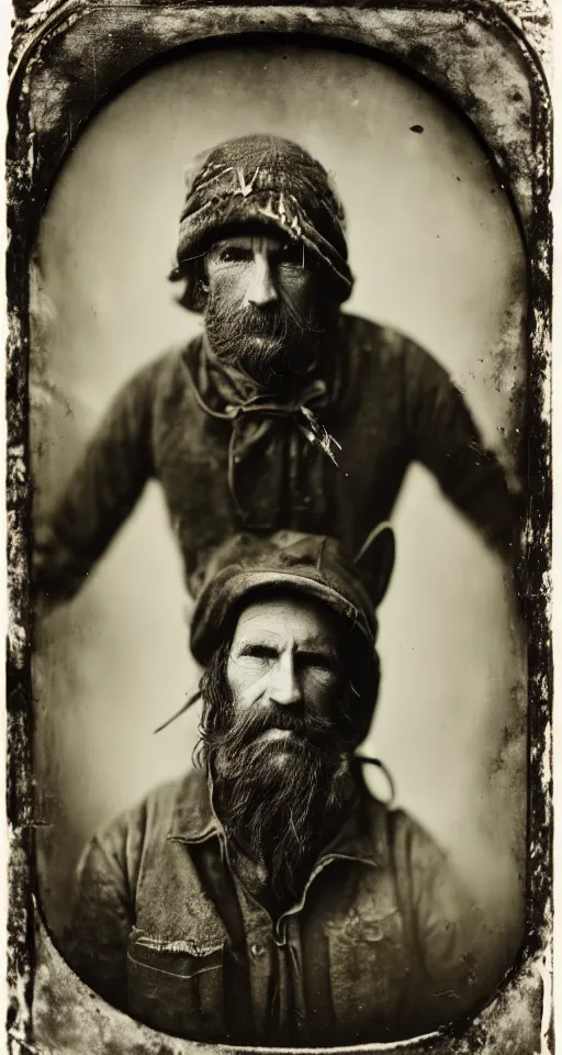 Prompt: a highly detailed wet plate photograph, a portrait of a hunter