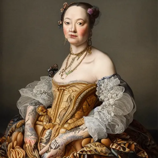 Prompt: ultra detailed, 4 k portrait of a tattooed woman in baroque dress by rachel ruysch