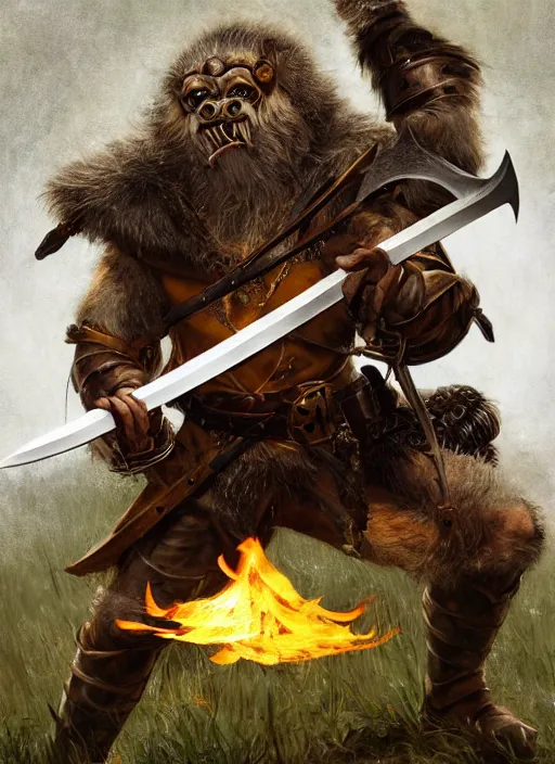 Image similar to photorealistic bugbear ranger holding sword on fire, magic, black beard, dungeons and dragons, pathfinder, roleplaying game art, hunters gear, jeweled ornate leather and steel armour, concept art, character design on white background, by sargent, norman rockwell, makoto shinkai, kim jung giu, artstation trending, poster art, colours red