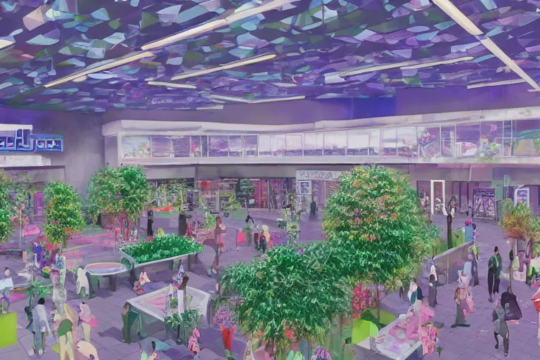 Prompt: overgrown vaporwave 9 0's mall food court converted into a sanctuary by cybernetic cult, concept art
