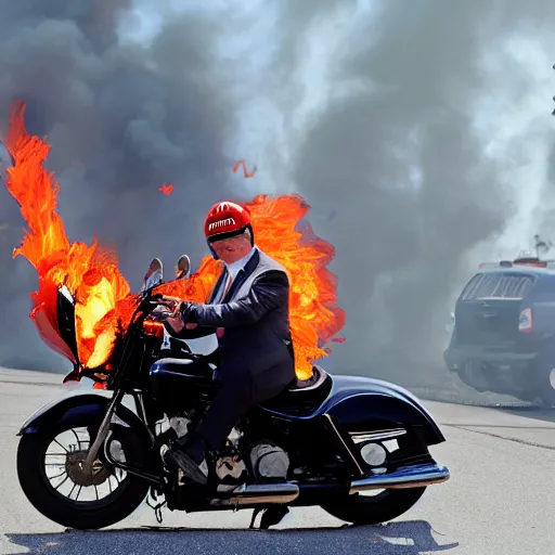 Prompt: Donald Trump on a motorcycle with fire coming out of the exhaust, cinematic lighting