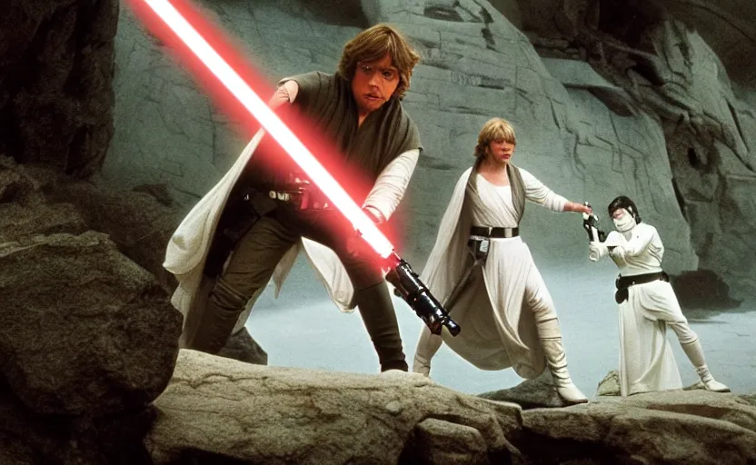 Image similar to screenshot portrait shot of Luke skywalker, played by mark hammill, he hold a lightsaber, facing off against a female sith lord woman in white, outside the rocky Jedi Temple, scene from The Lost Jedi Star Wars film made in 1980, directed by Stanley Kubrick, serene, iconic scene, hazy atmosphere, stunning cinematography, hyper-detailed, sharp, anamorphic lenses, kodak color film, 4k